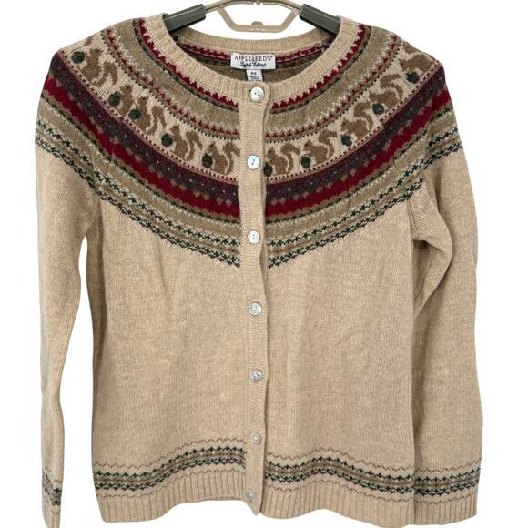 Appleseeds Vintage Womens Squirrel Fair Isle Cardigan Sweater Size Petite Small - Picture 1 of 7